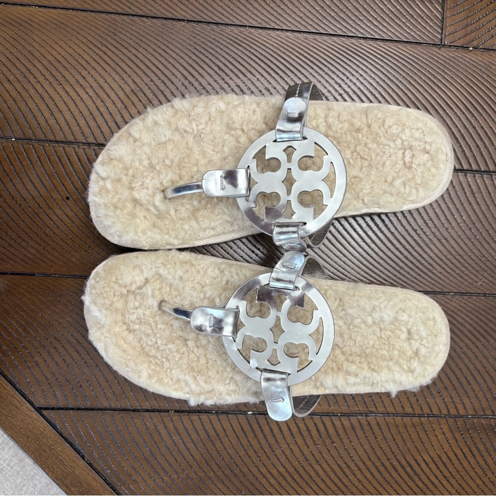Tory Burch Miller Cloud Shearling Leather Sandals - Picture 2 of 4